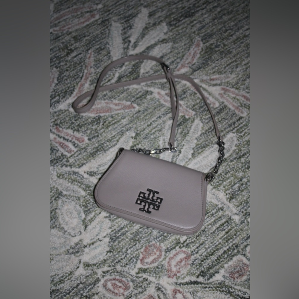 Tory Burch Taupe Pebbled Leather Crossbody with Logo